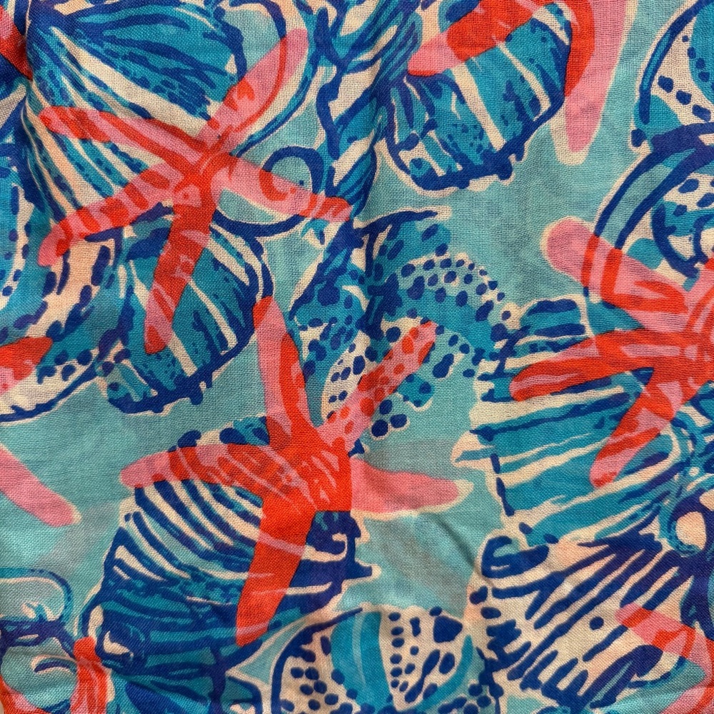 Lilly Pulitzer She Shell Murfee Scarf Silk Cashmere Tassel Blue Starfish Fringe - Picture 2 of 8